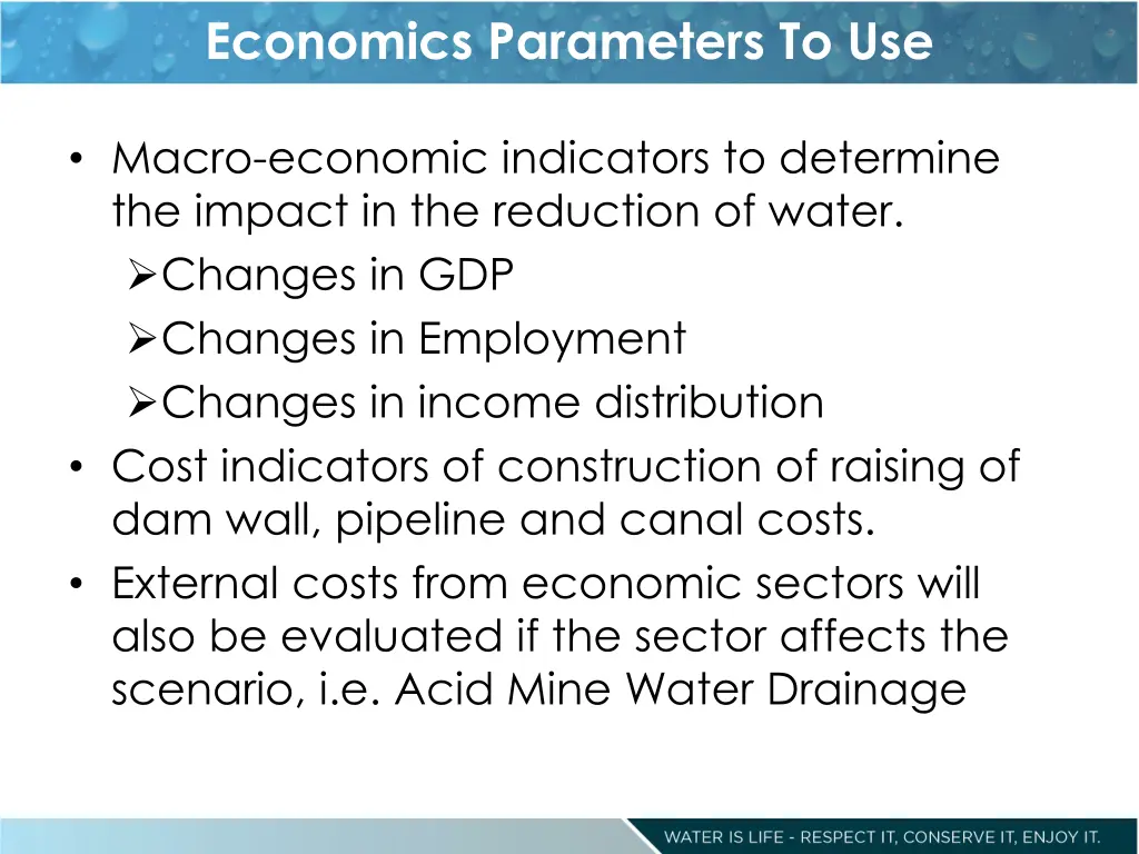 economics parameters to use