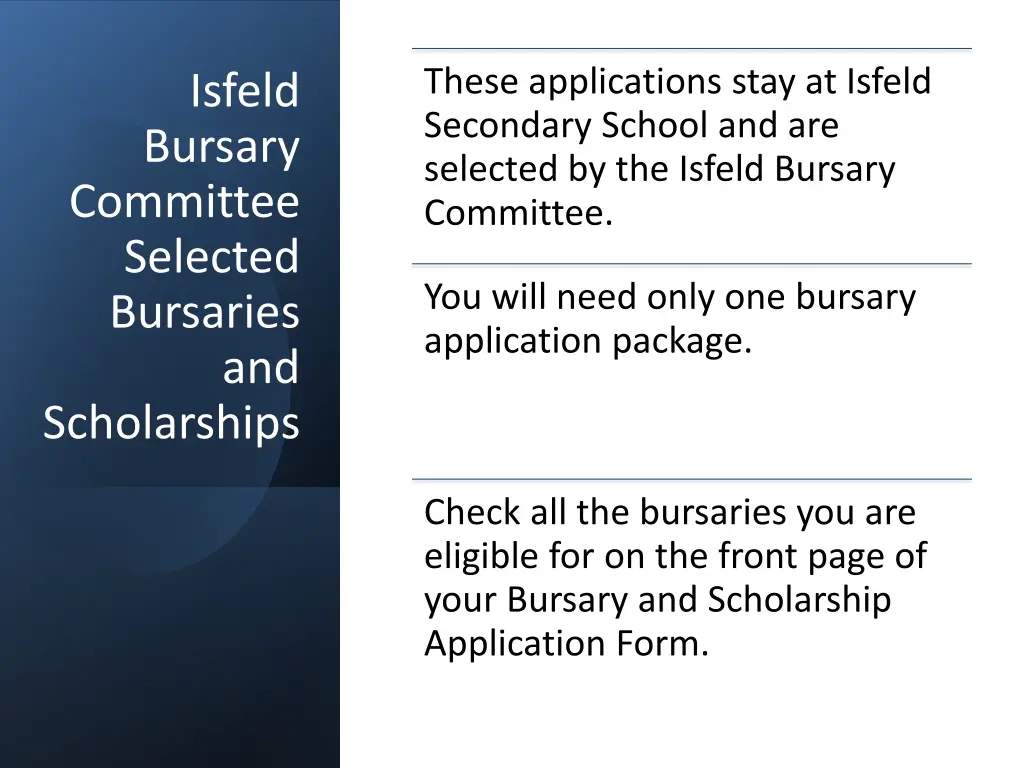 these applications stay at isfeld secondary