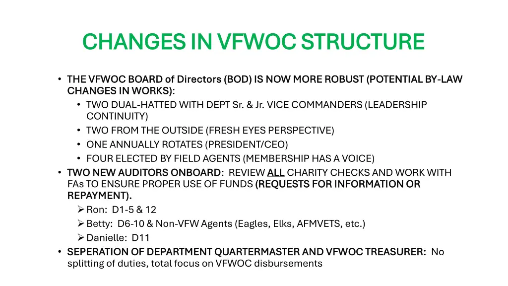 changes in vfwoc structure changes in vfwoc
