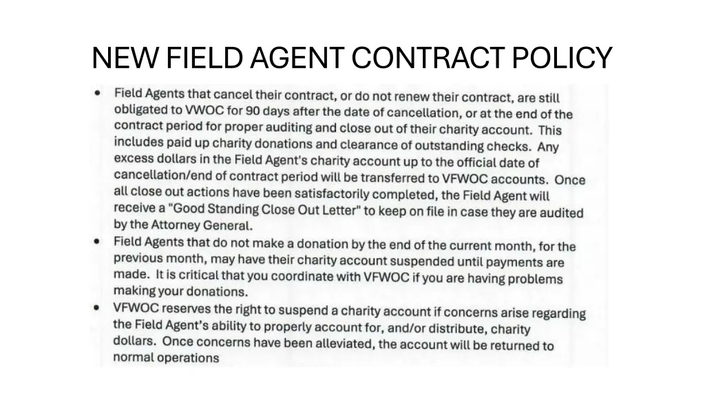 new field agent contract policy