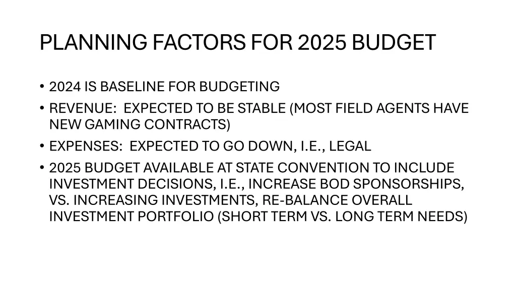 planning factors for 2025 budget