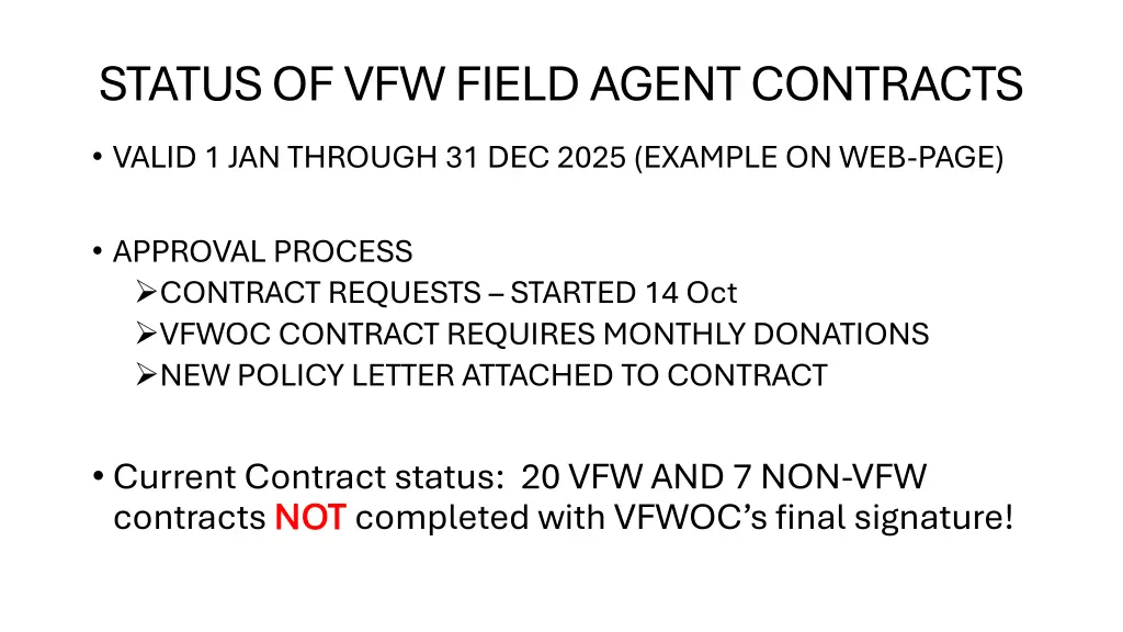 status of vfw field agent contracts