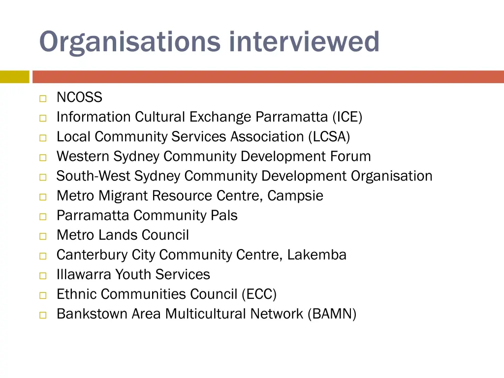 organisations interviewed