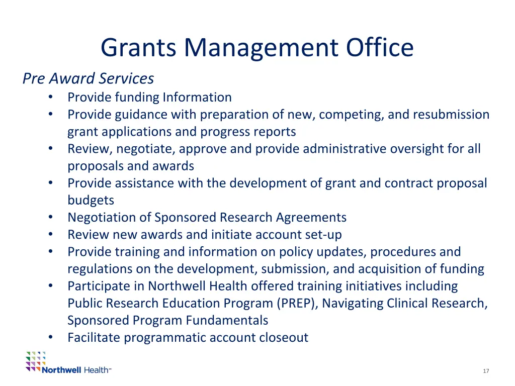 grants management office pre award services