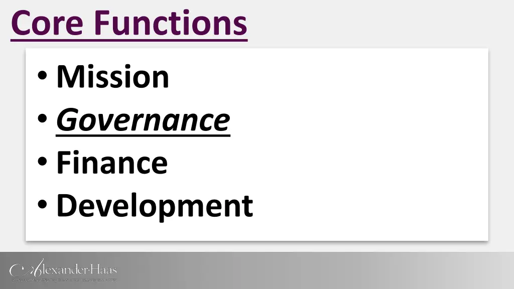 core functions mission governance finance