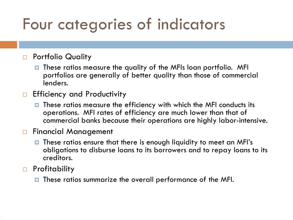 four categories of indicators