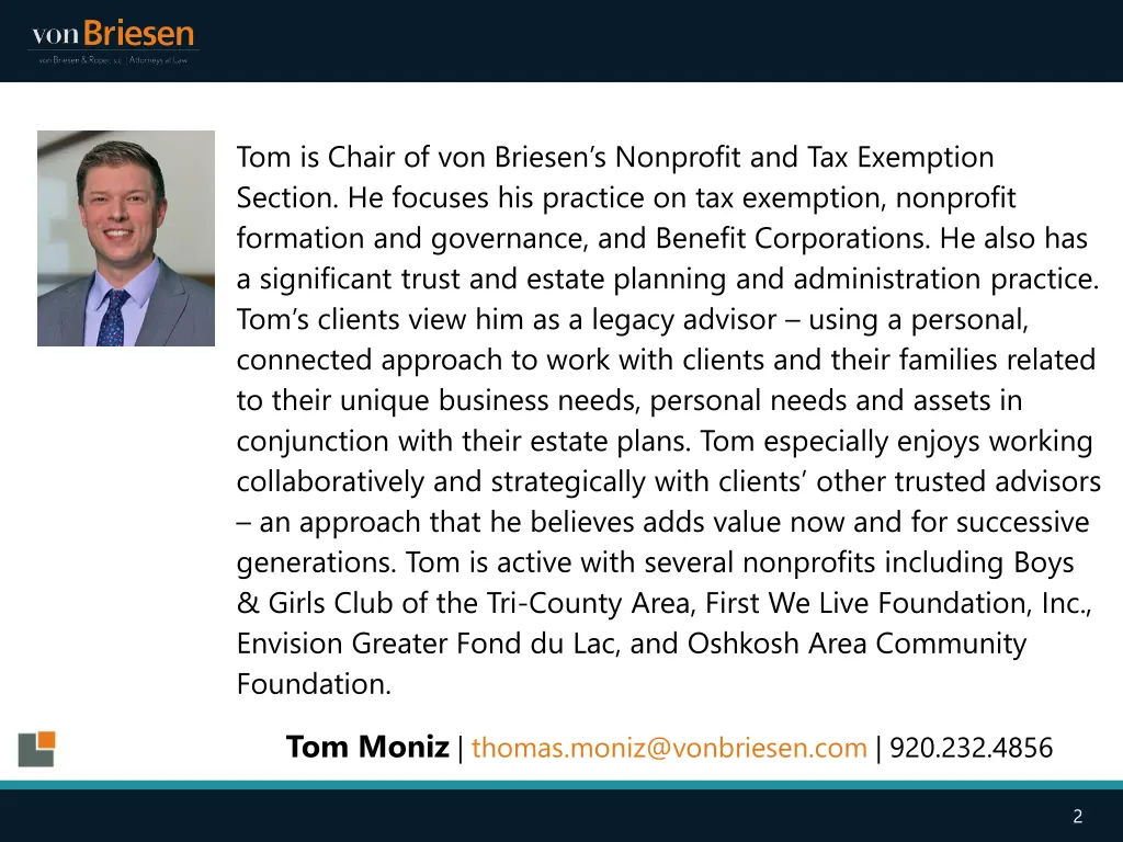 tom is chair of von briesen s nonprofit