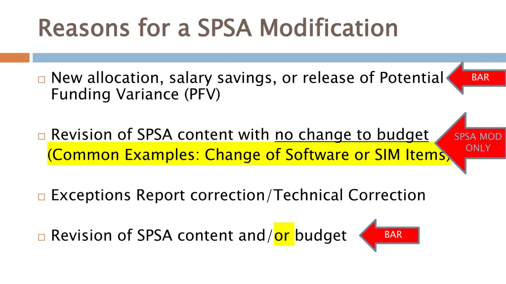 reasons for a spsa modification