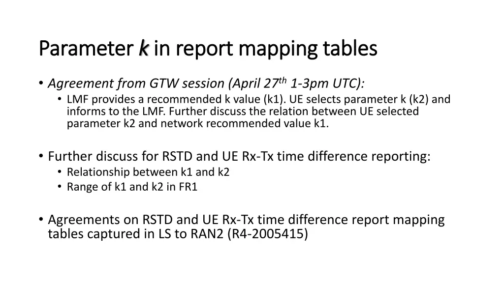 parameter parameter k k in report mapping tables