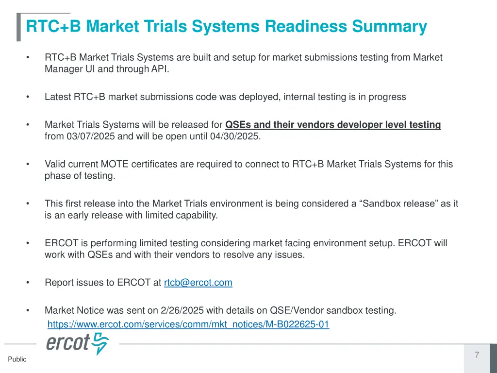 rtc b market trials systems readiness summary