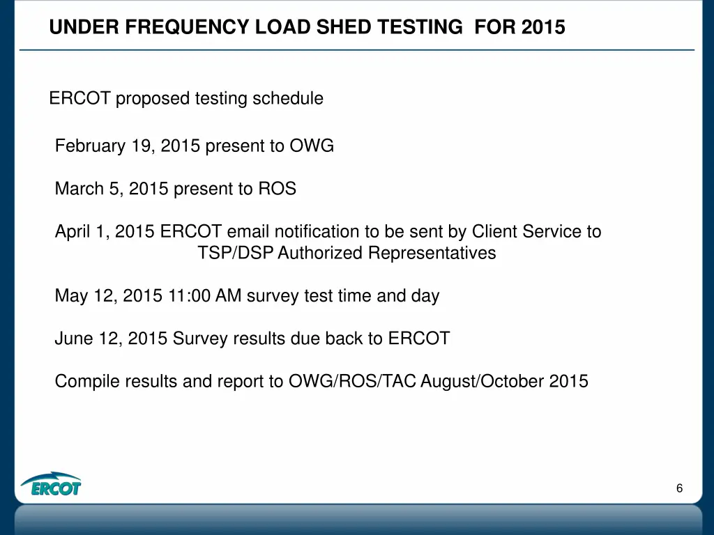 under frequency load shed testing for 2015 2