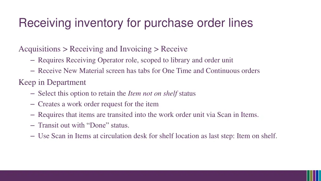 receiving inventory for purchase order lines
