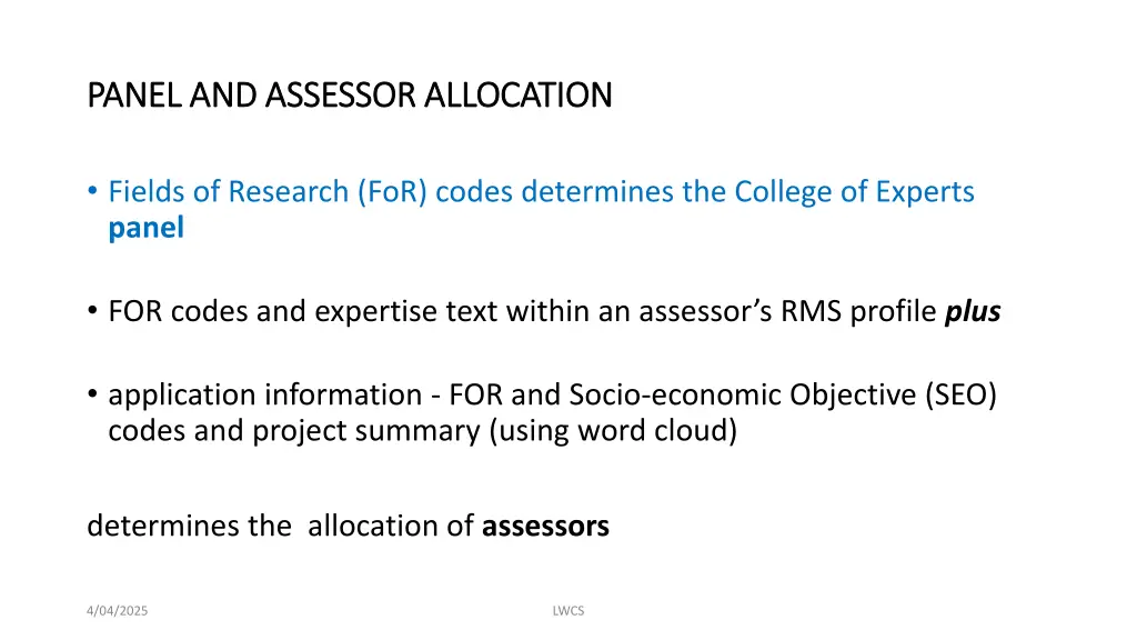 panel and assessor allocation panel and assessor