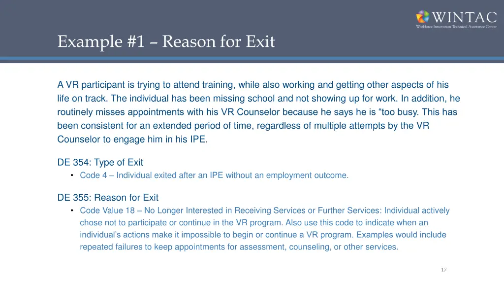 example 1 reason for exit