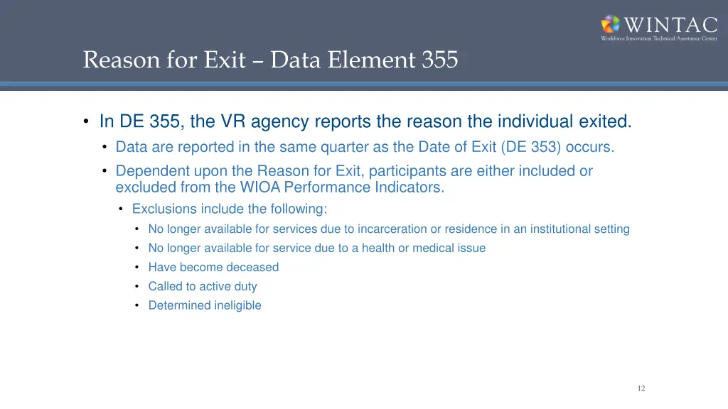 reason for exit data element 355
