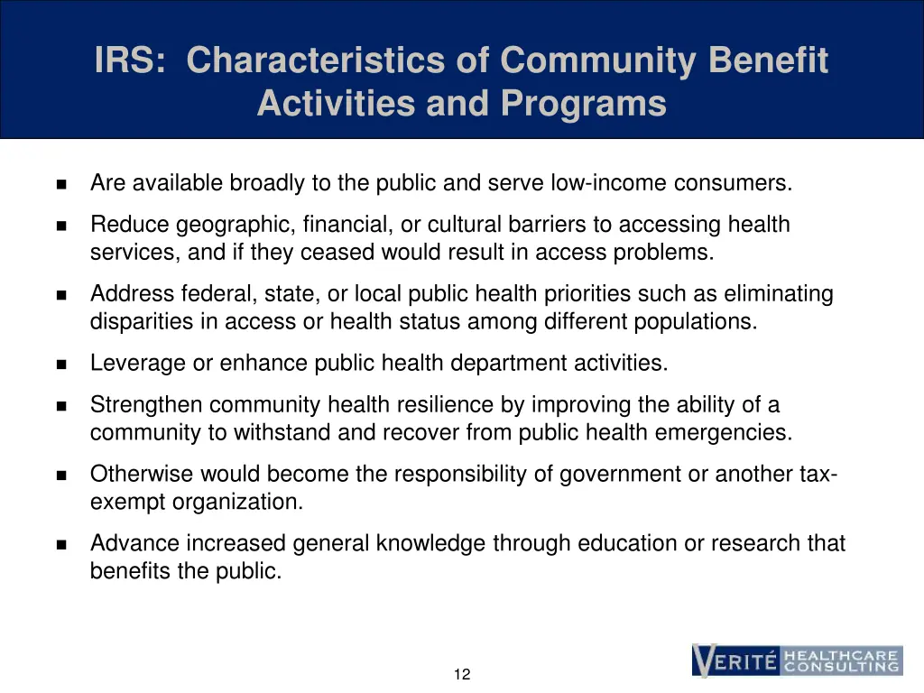 irs characteristics of community benefit