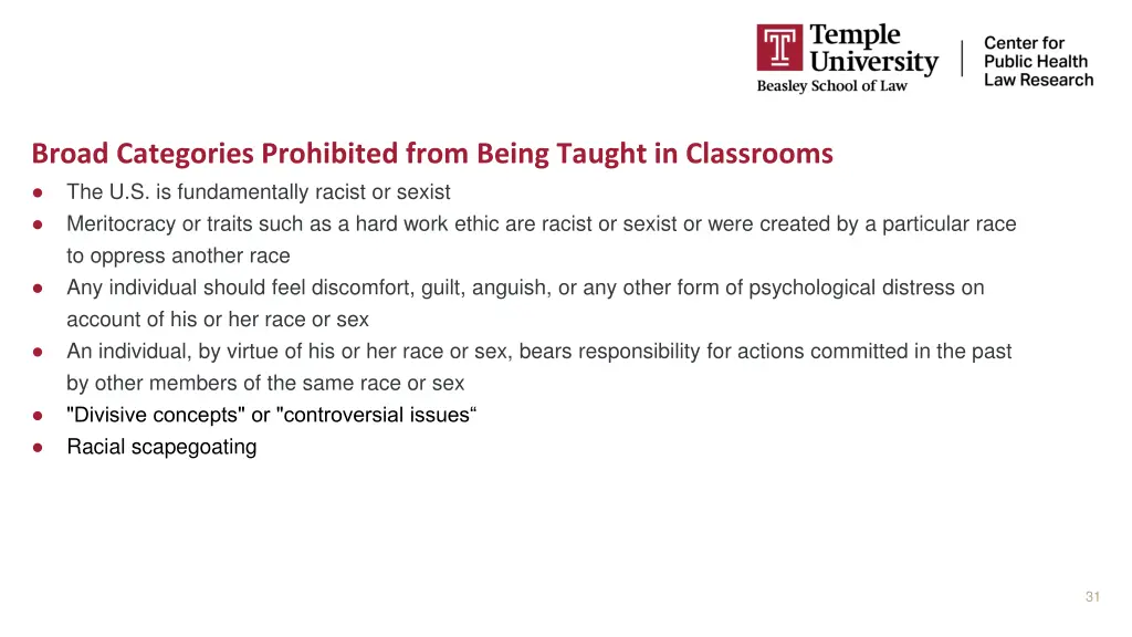 broad categories prohibited from being taught