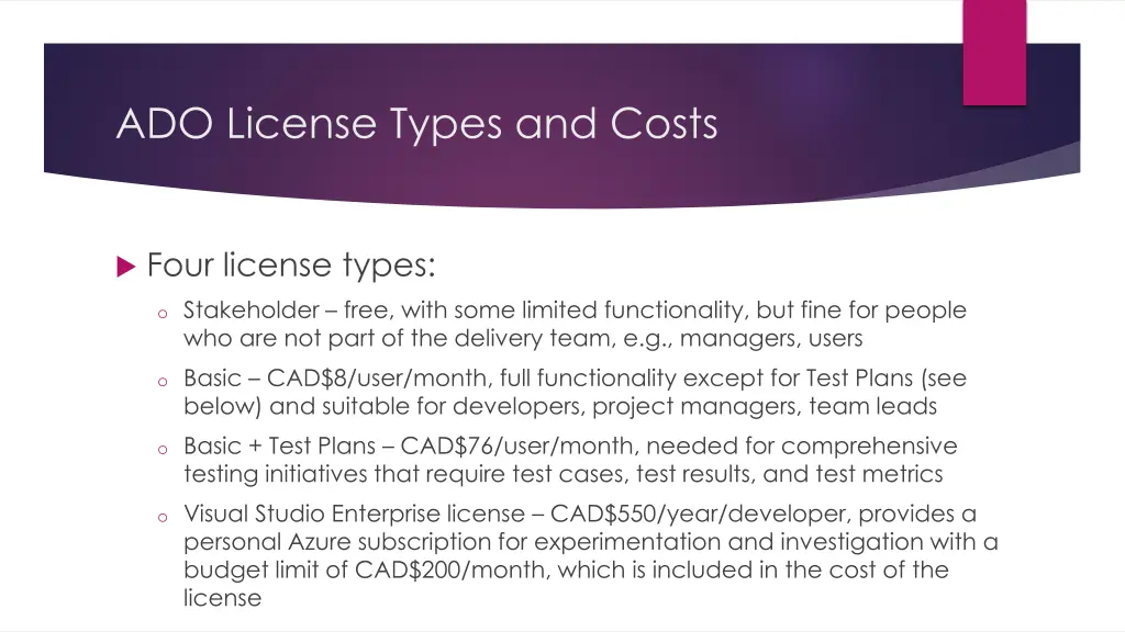 ado license types and costs