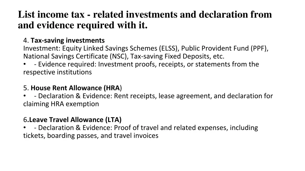 list income tax related investments 1