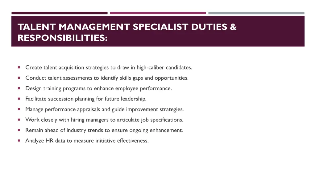 talent management specialist duties