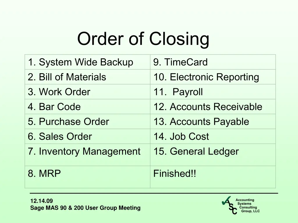 order of closing