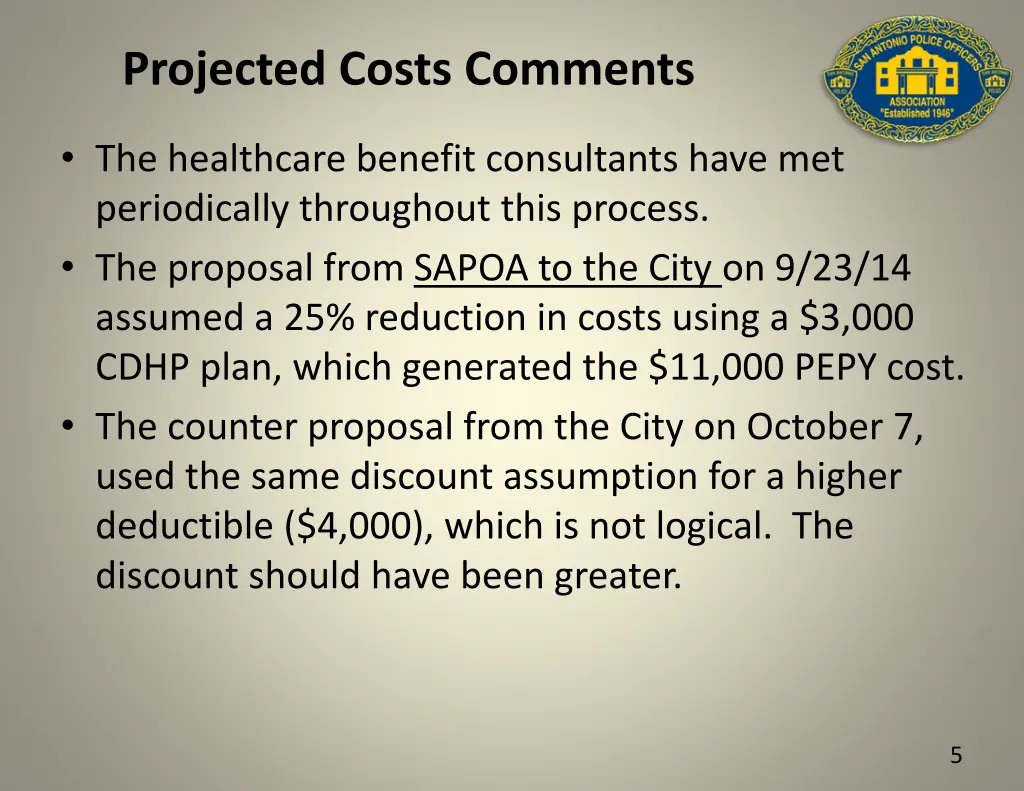 projected costs comments