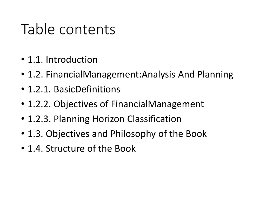 table contents