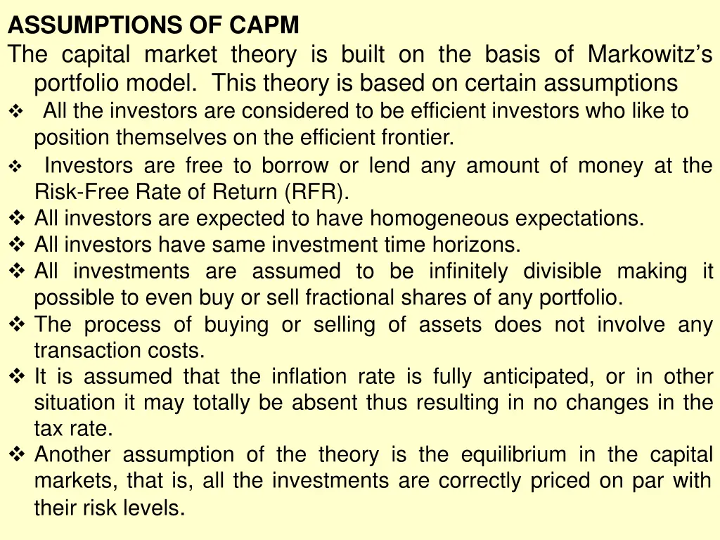 assumptions of capm the capital market theory