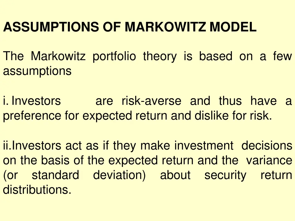 assumptions of markowitz model