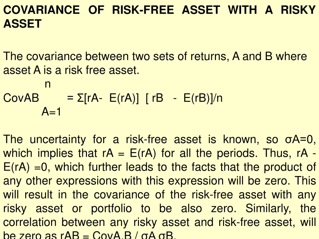 covariance of risk free asset with a risky asset