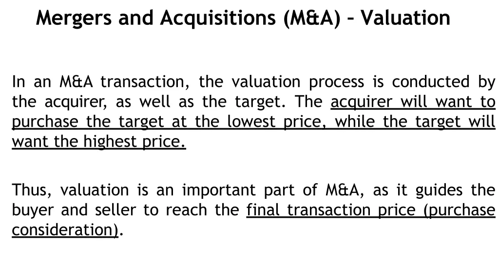 mergers and acquisitions m a valuation