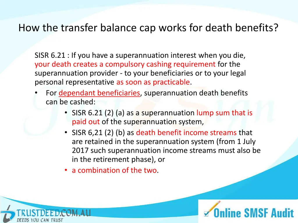 how the transfer balance cap works for death