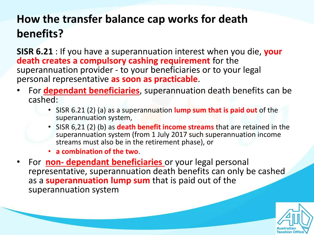 how the transfer balance cap works for death