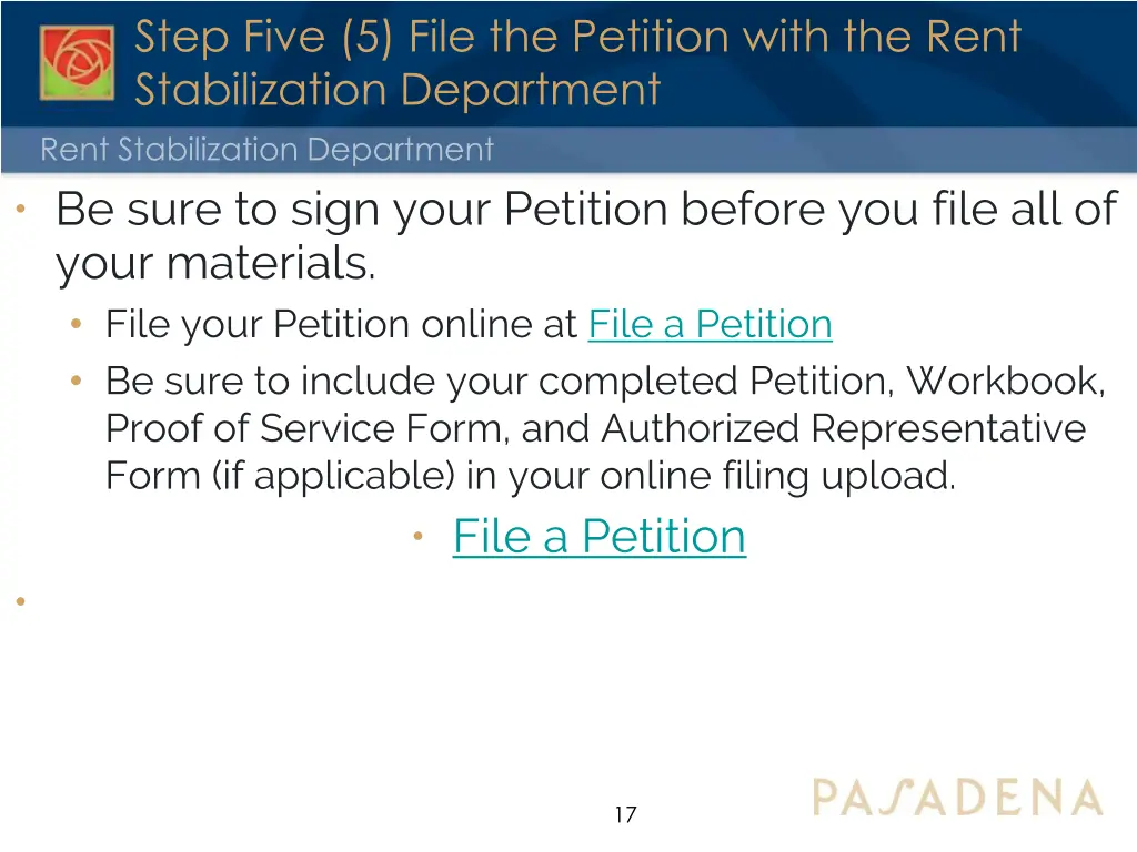 step five 5 file the petition with the rent