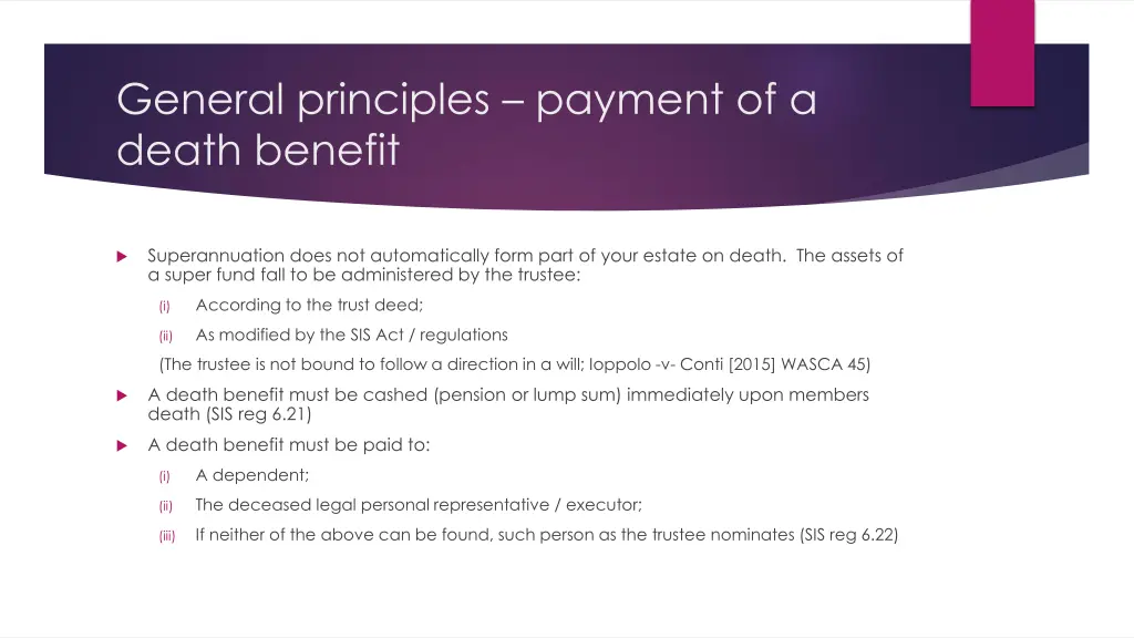 general principles payment of a death benefit