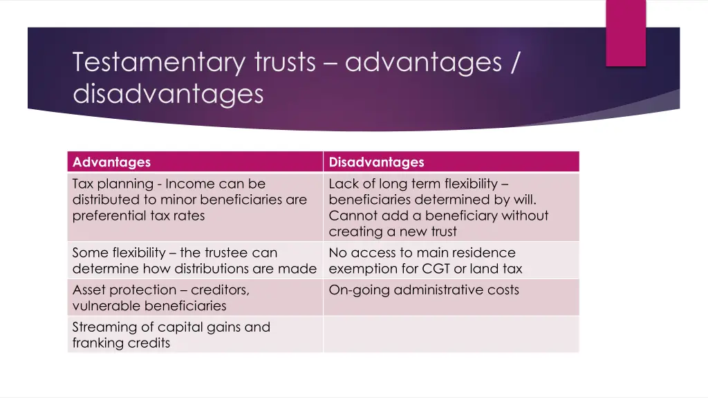 testamentary trusts advantages disadvantages