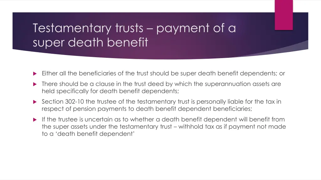 testamentary trusts payment of a super death