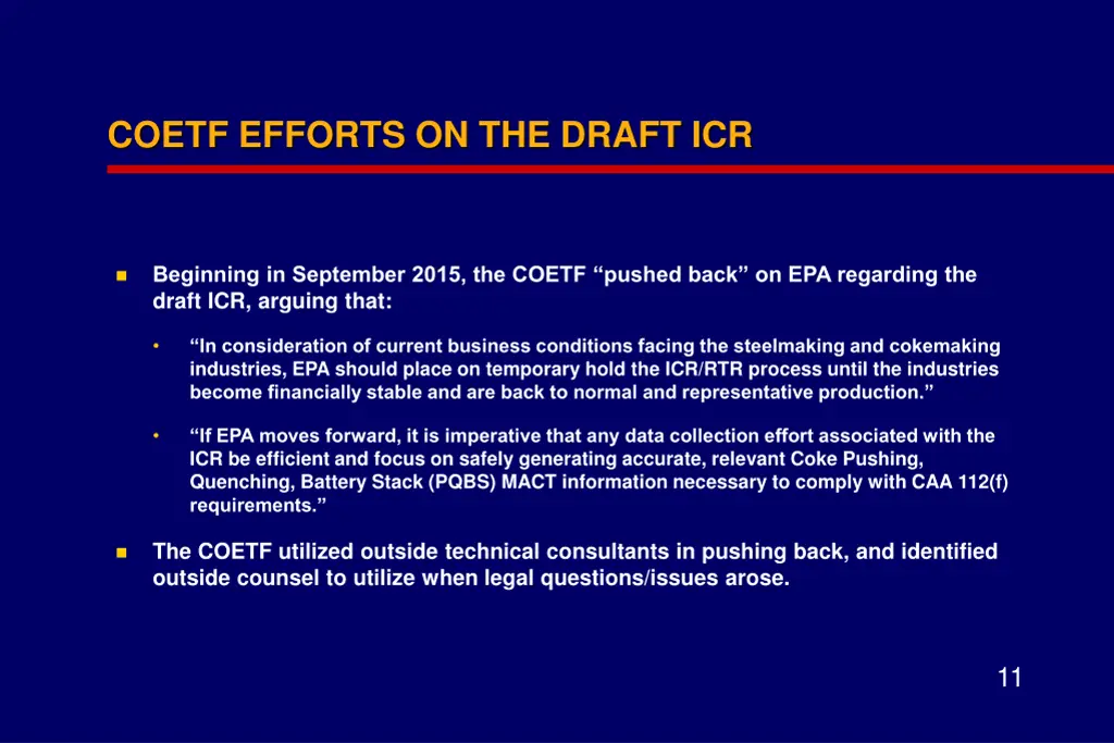 coetf efforts on the draft icr