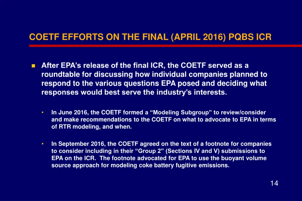 coetf efforts on the final april 2016 pqbs icr