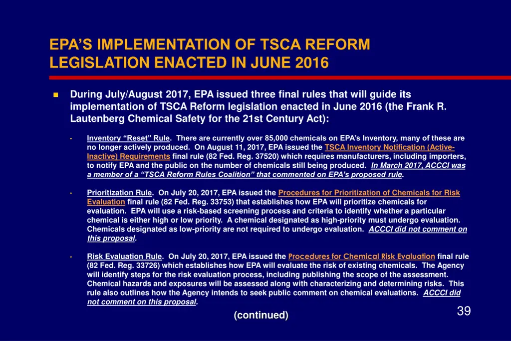 epa s implementation of tsca reform legislation