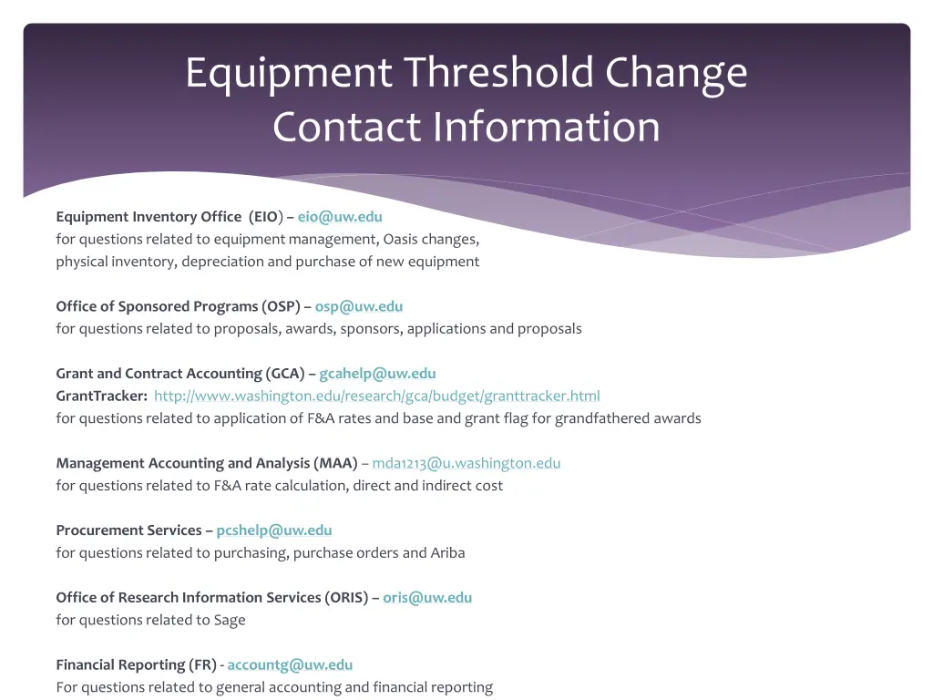 equipment threshold change contact information