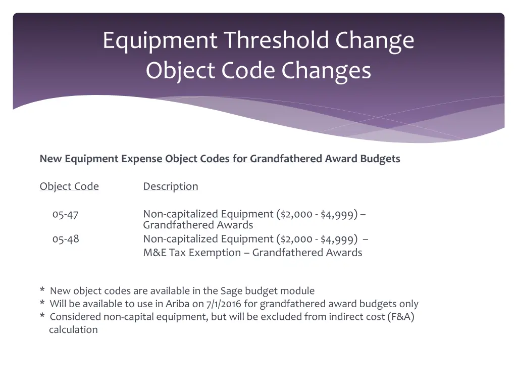 equipment threshold change object code changes 3