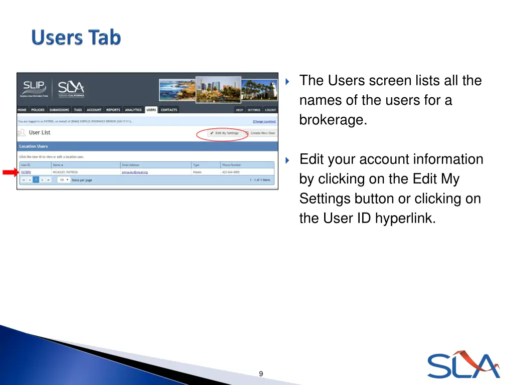 the users screen lists all the names of the users