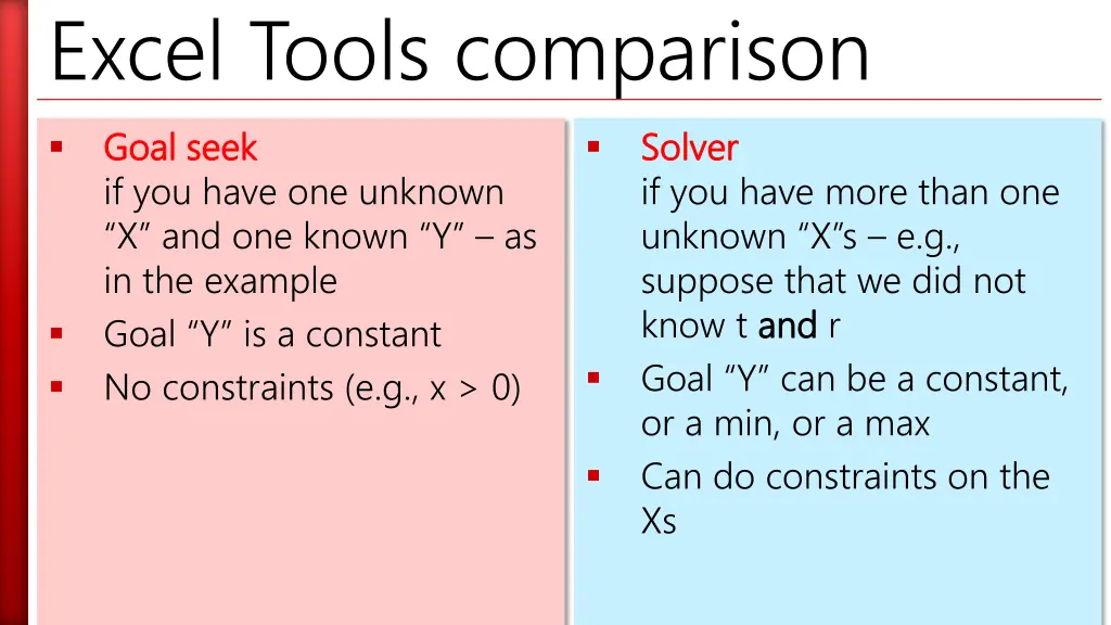 excel tools comparison