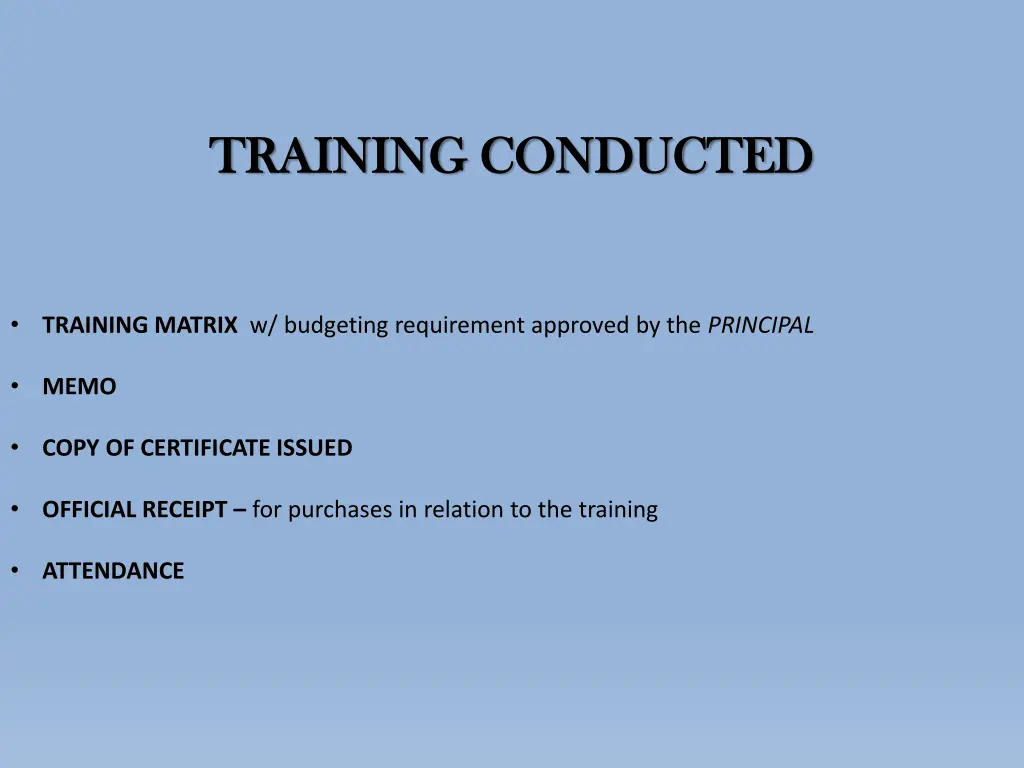 training training conducted conducted