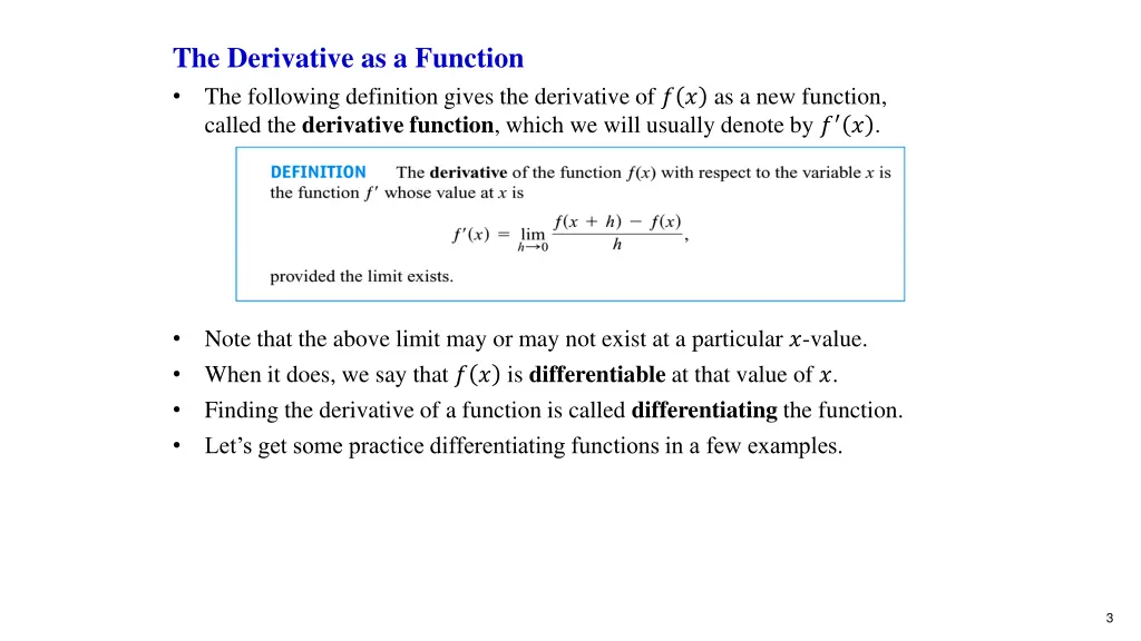 the derivative as a function the following