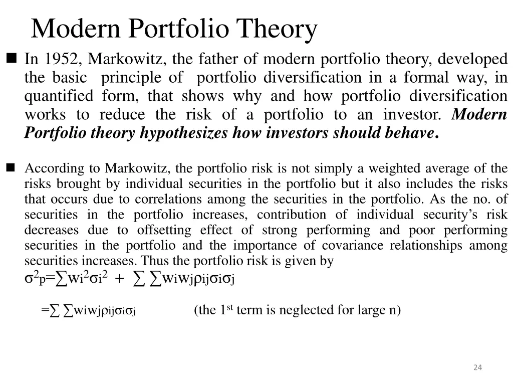 modern portfolio theory in 1952 markowitz