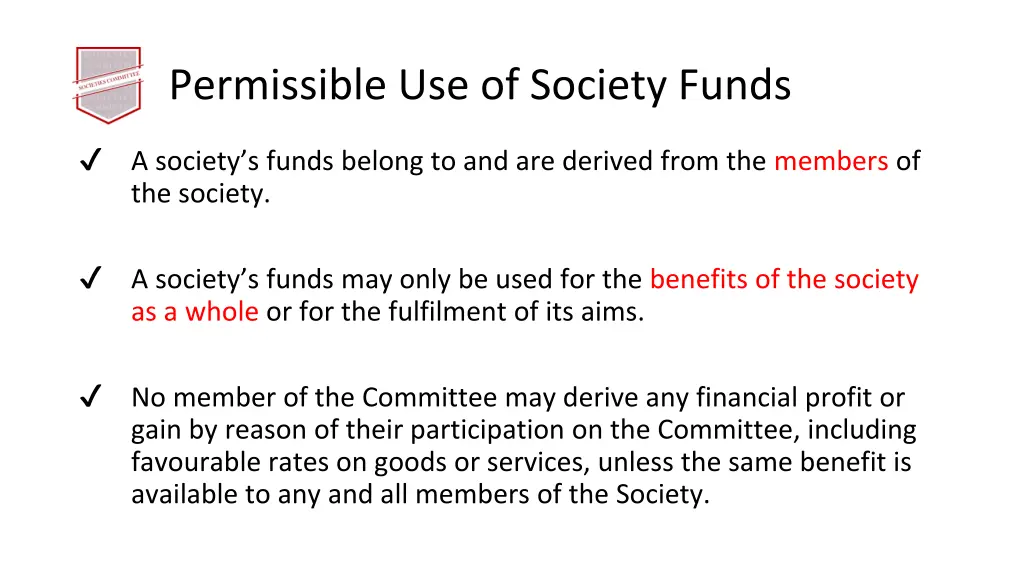 permissible use of society funds
