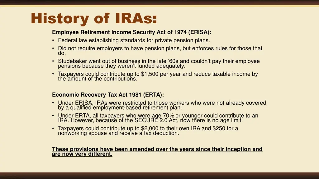 history of iras employee retirement income