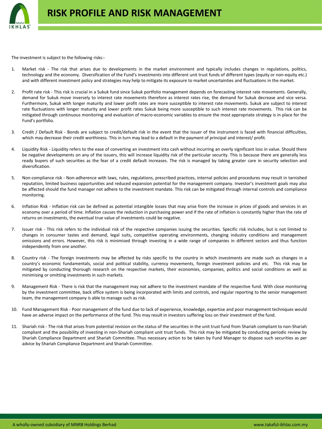 risk profile and risk management